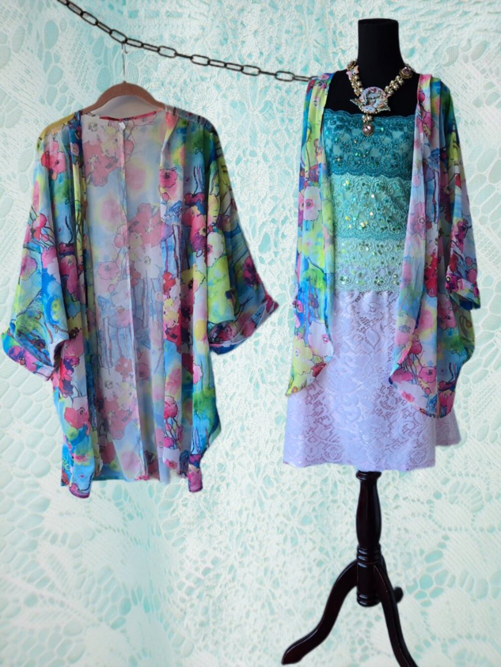 Romantic Sheer Floral Print Floaty Kimono Fairycore XL